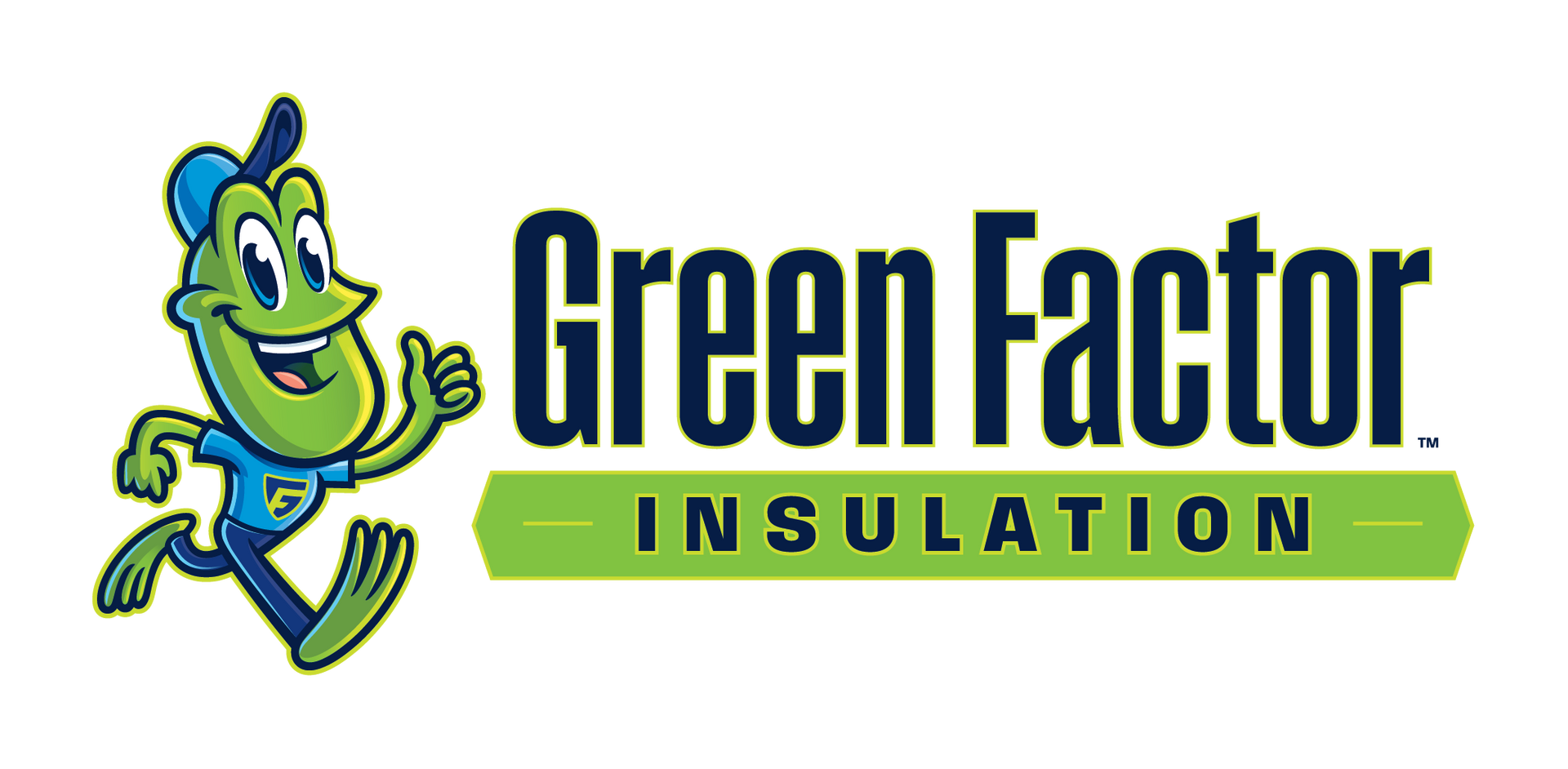 Green Factor Insulation logo with a green cartoon character and black and green text