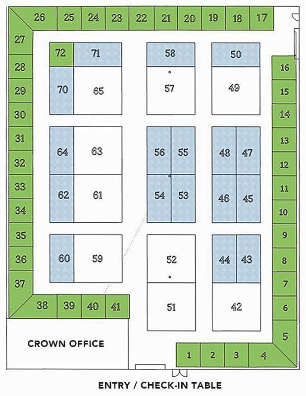 A floor plan of a building showing the crown office and entry / check-in table