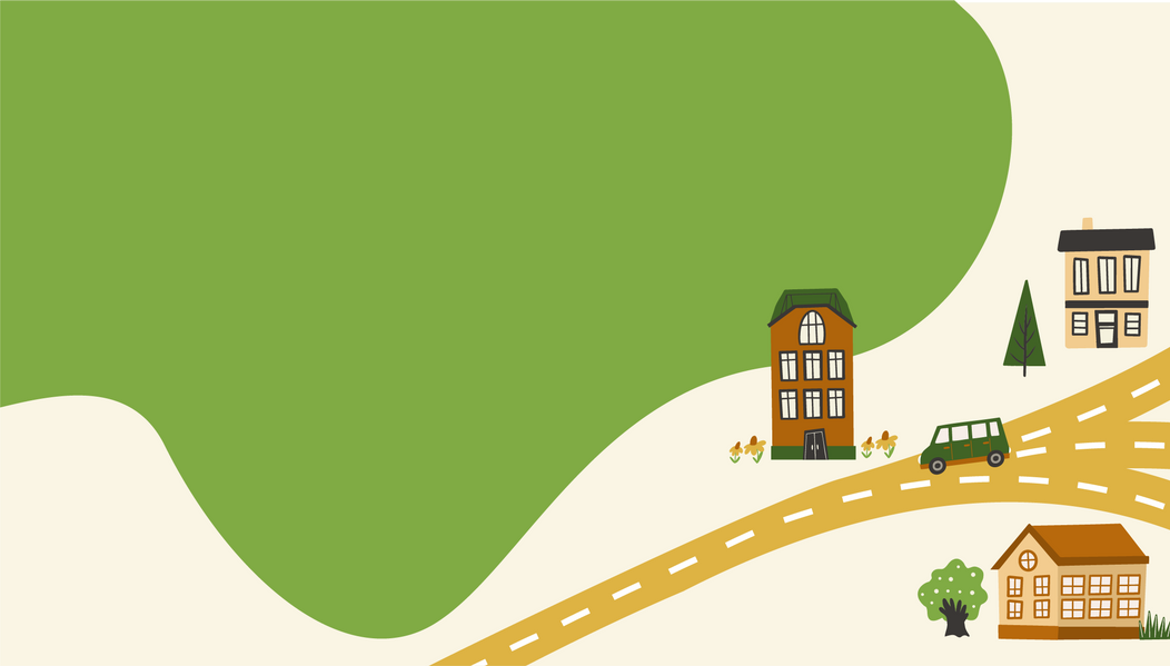 A car is driving down a road next to a house.