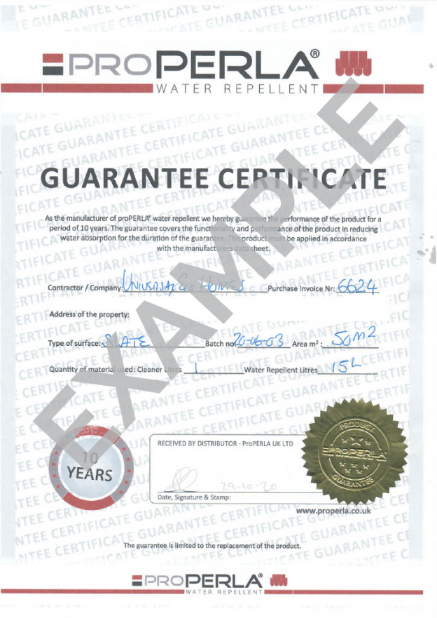 a sample of a properla water repellent guarantee certificate