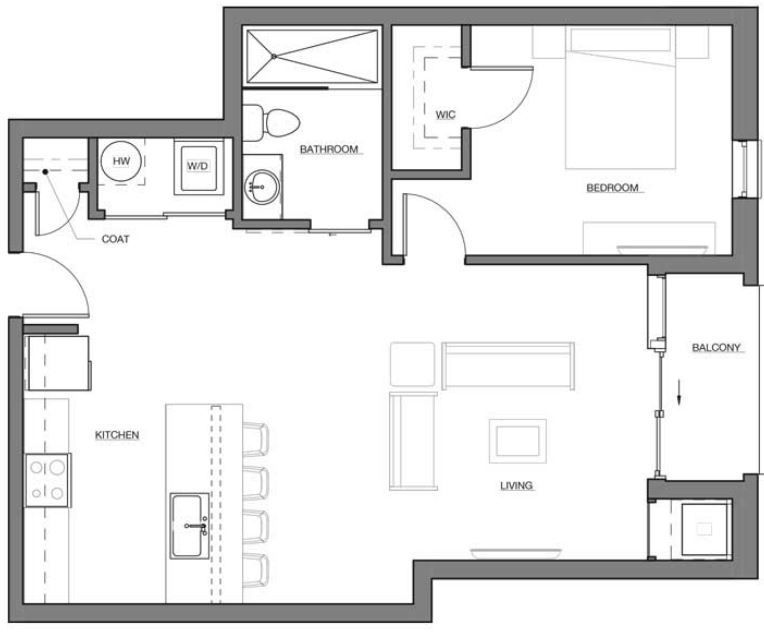 A black and white floor plan of a small apartment.