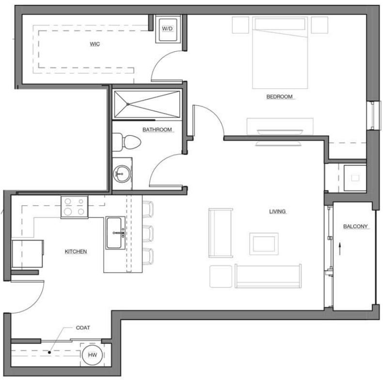 A black and white floor plan of a small apartment.