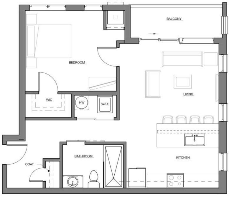 A black and white floor plan of a house with a bedroom , living room , and kitchen.