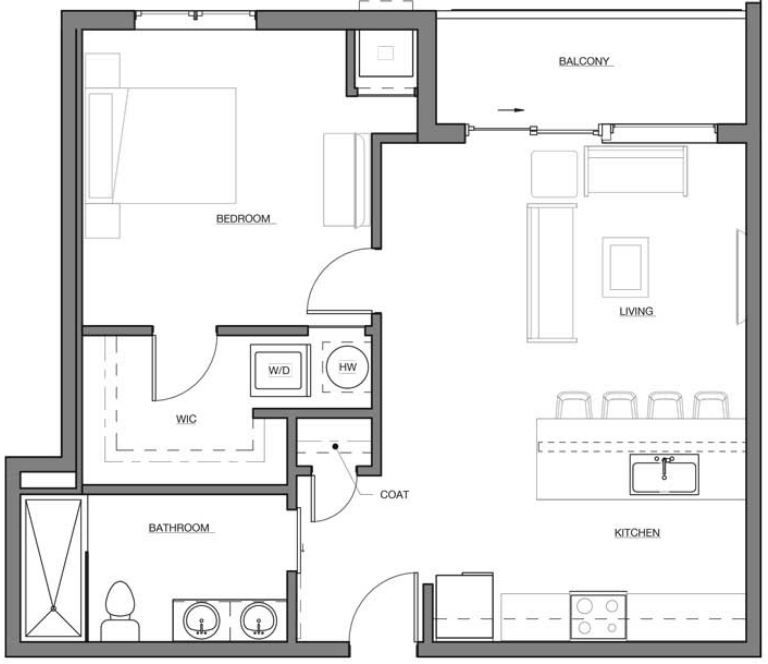 A black and white floor plan of a small apartment.