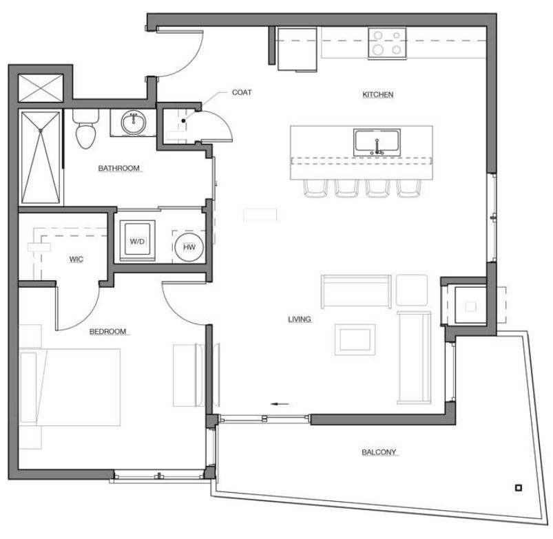 A black and white floor plan of a house with a balcony.