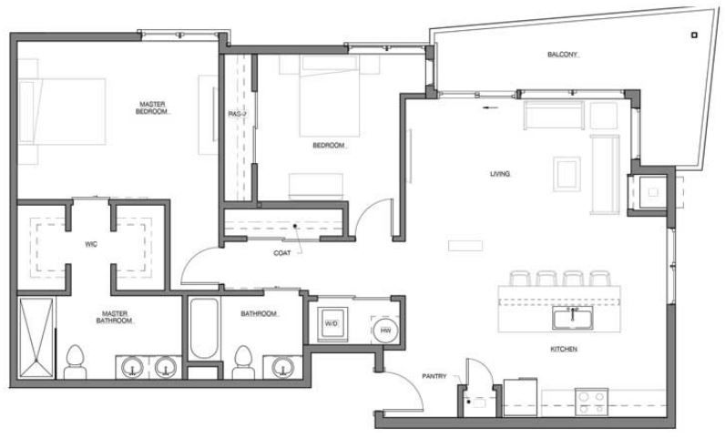 A black and white floor plan of a house with a balcony.