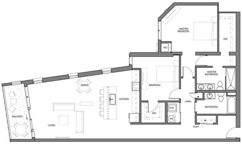 A black and white floor plan of a house with a balcony.