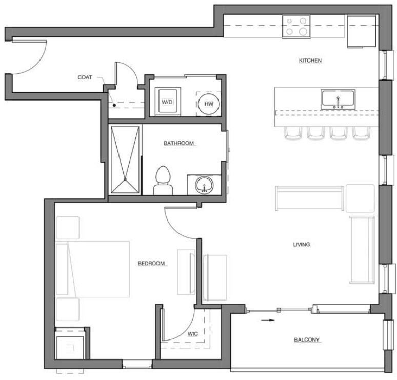 A black and white floor plan of a house with a bedroom , bathroom , living room and kitchen.