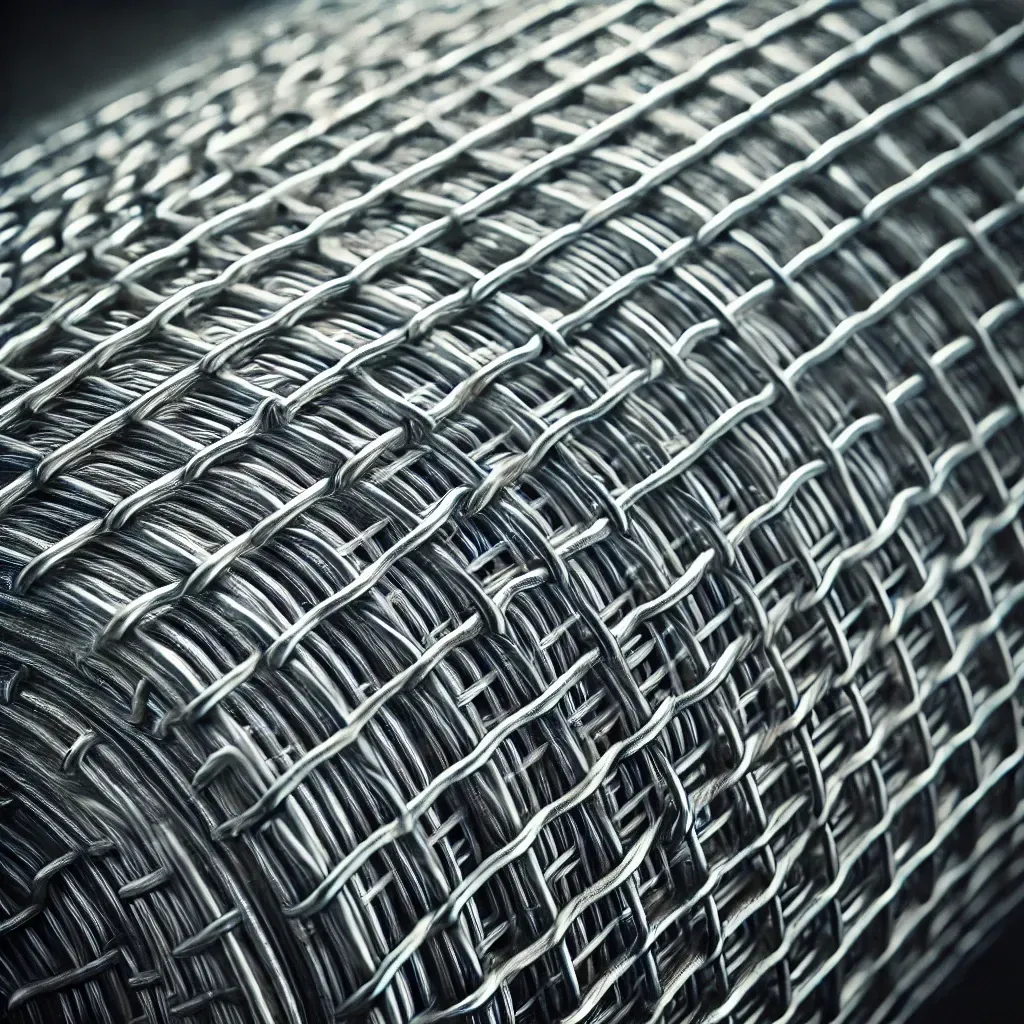 Primo piano di un rotolo di rete metallica su sfondo nero.