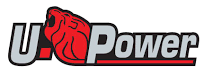Un logo rosso e bianco per U Power con un leone sopra.