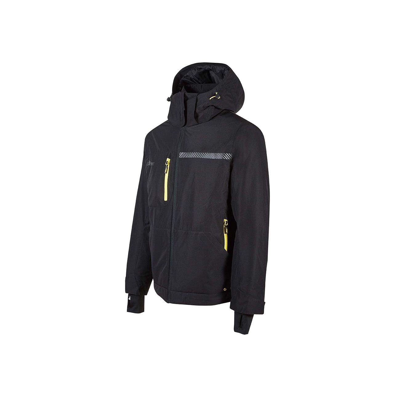 Una giacca nera con cappuccio giallo su sfondo bianco.