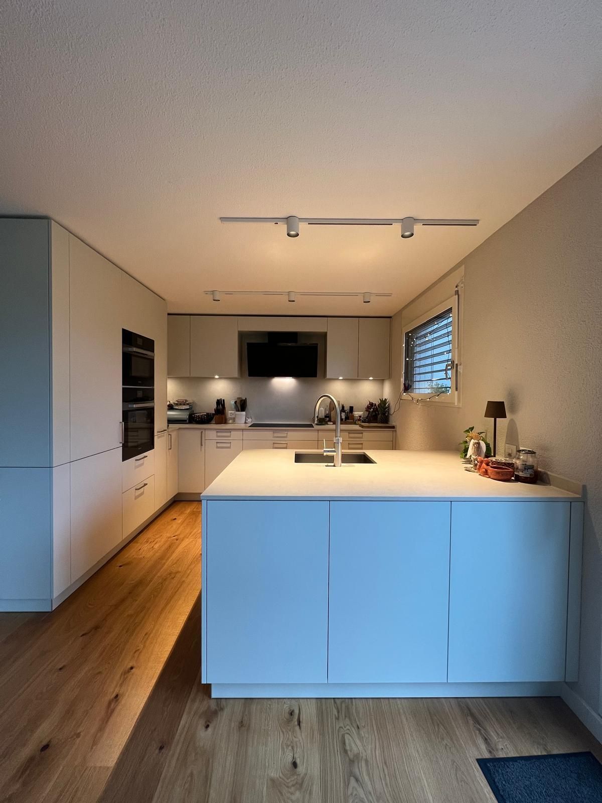 Moderne Küche mit Kochinsel mit Spüle, weißen Schränken, integrierten Geräten und hellem Holzboden.