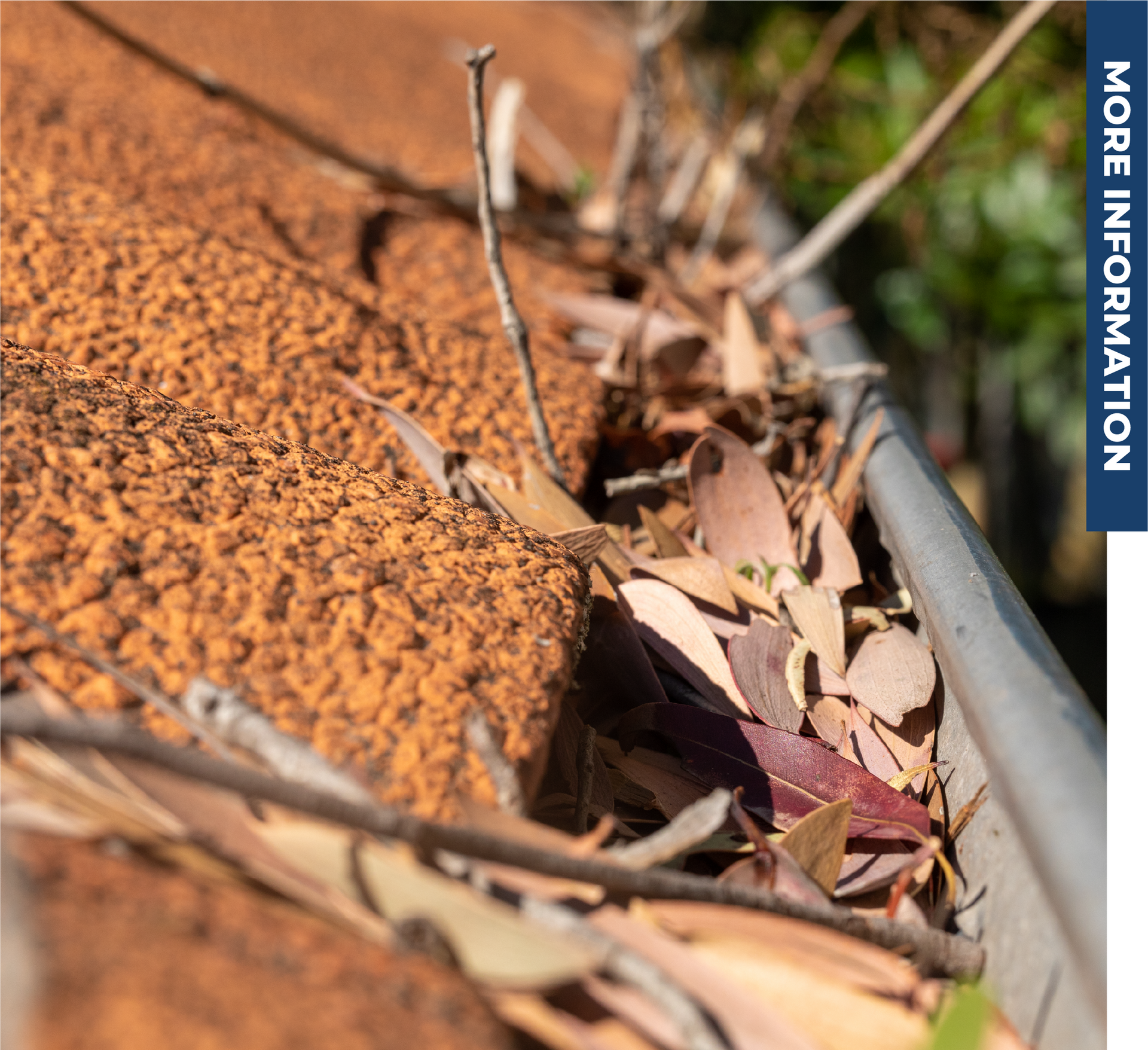 A gutter filled with leaves and branches on a roof.