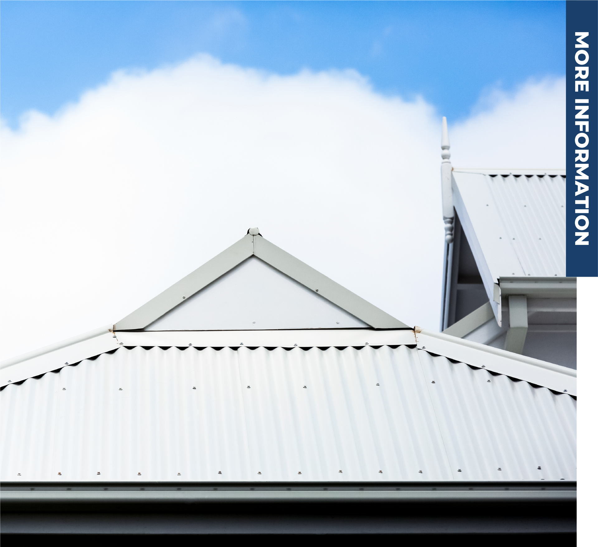 A white roof with a blue sign that says more information