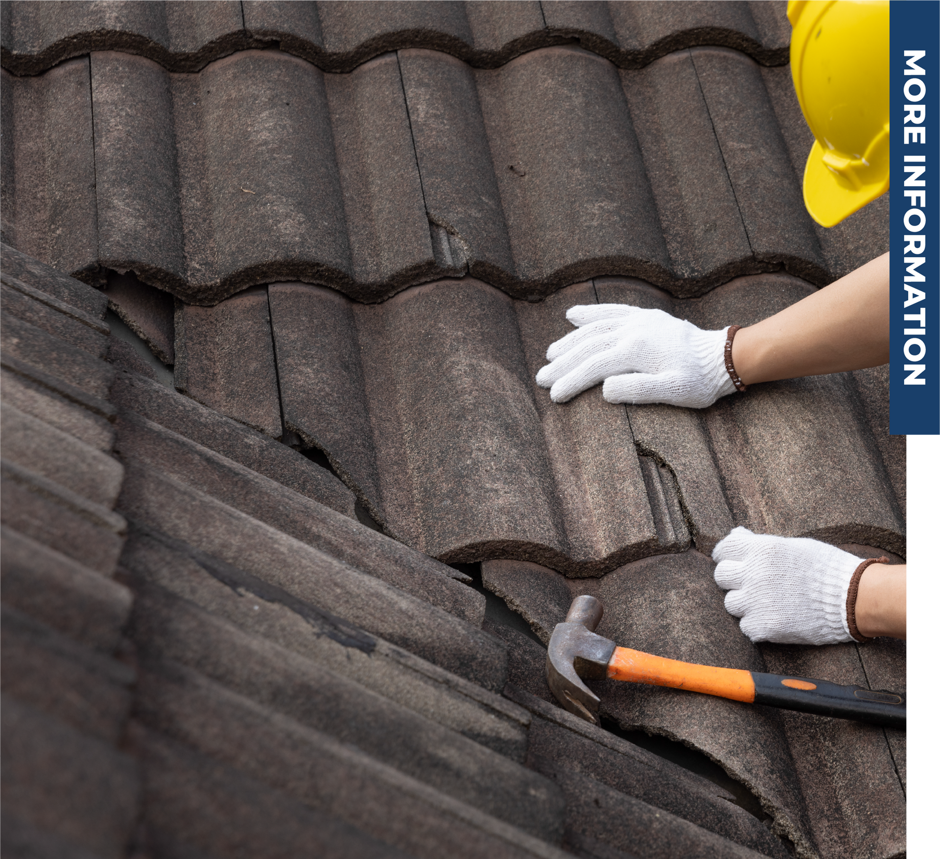 A person wearing a hard hat is working on a roof with a hammer