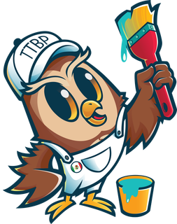 A cartoon owl is holding a paint brush and a cup of paint.