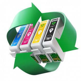 Four ink cartridges are surrounded by a green arrow.