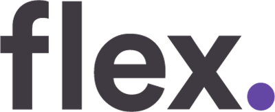 The word flex is written in purple letters on a white background.