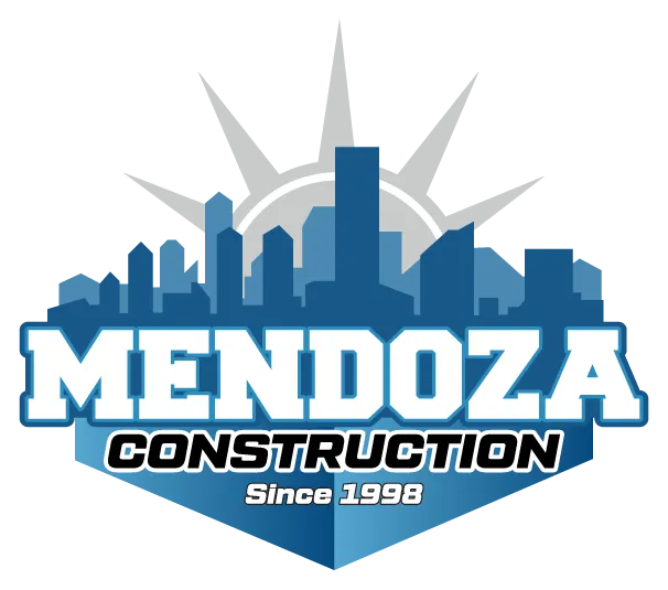 Mendoza Construction logo with blue city skyline and sunburst, “Since 1998” in bold text