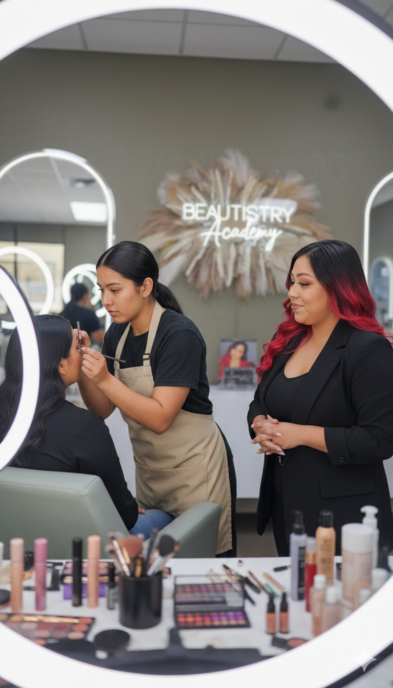 Woman with curly brown hair, hands on cheeks, looking at the camera.