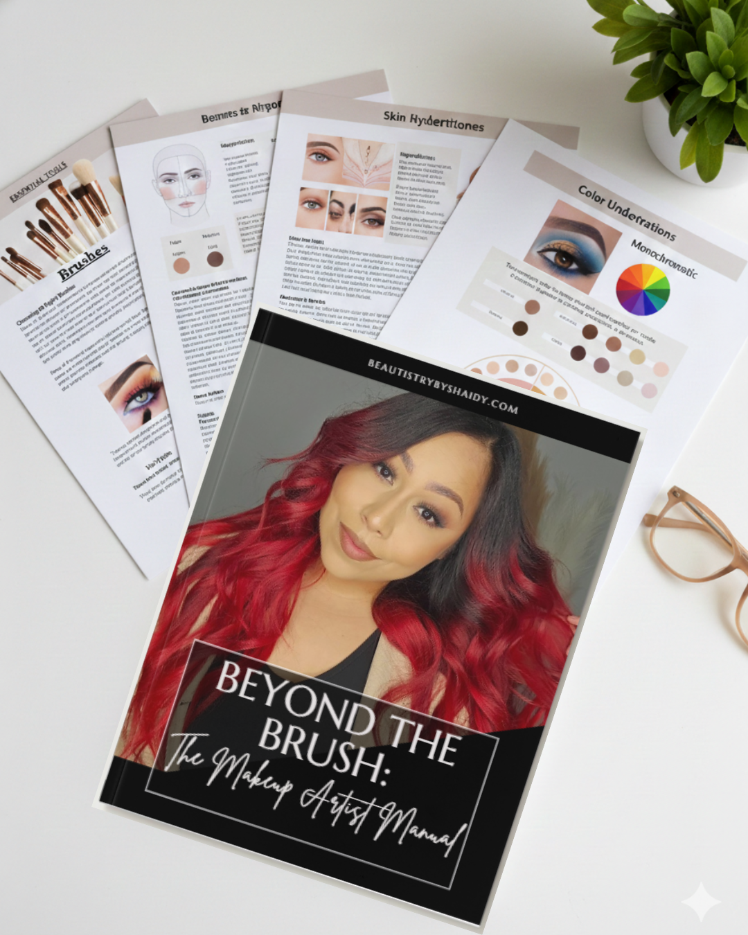 Makeup artist applying eyeshadow to a client in a bright studio.