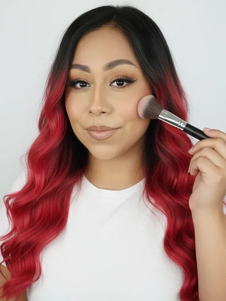 Woman applying blush with a makeup brush.