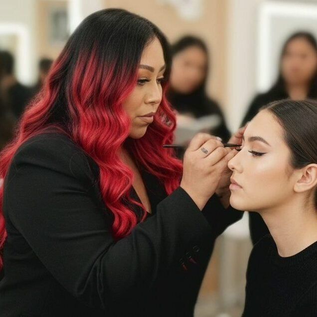 Makeup artist applying eyeliner to a person's eye in a brightly lit studio.