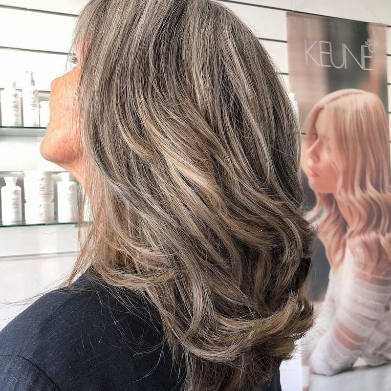 Woman With Layered Gray and Brown Hair Styled at Salon — Strut Hair & Beauty In Maroochydore, QLD
