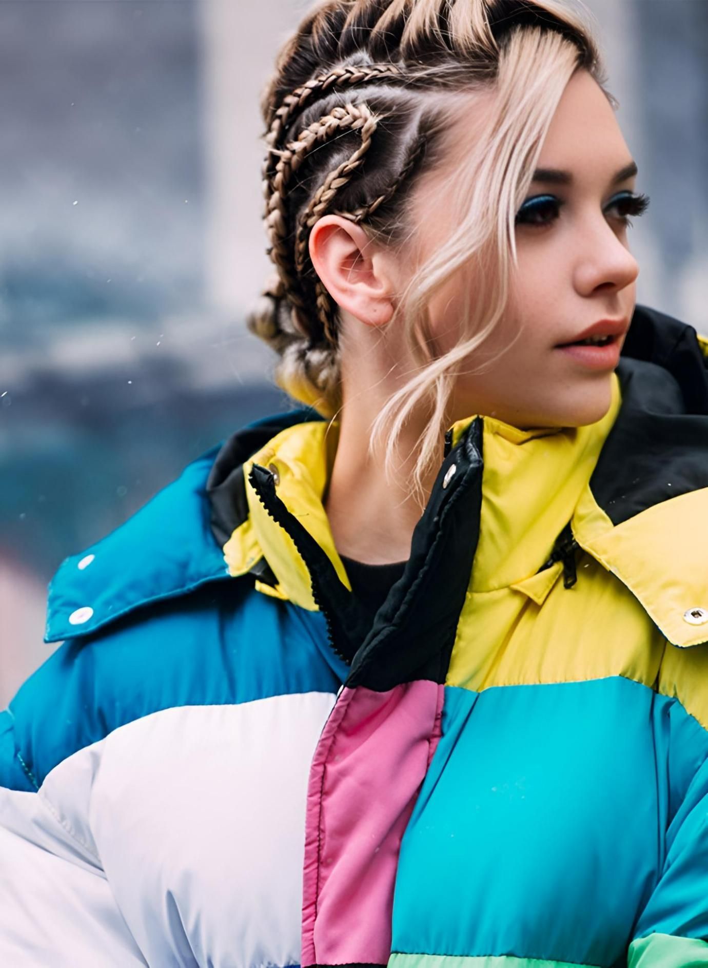 A Woman Wearing a Colorful Jacket With Braids in Her Hair — Strut Hair & Beauty In Maroochydore, QLD