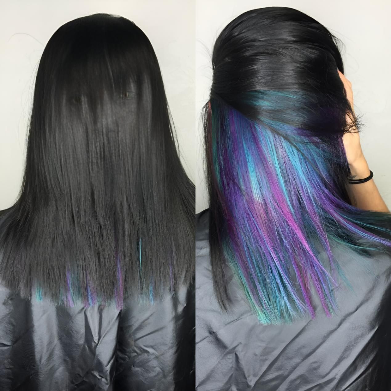 A Before and After Photo of a Woman 's Hair With Blue and Purple Highlights — Strut Hair & Beauty In Maroochydore, QLD