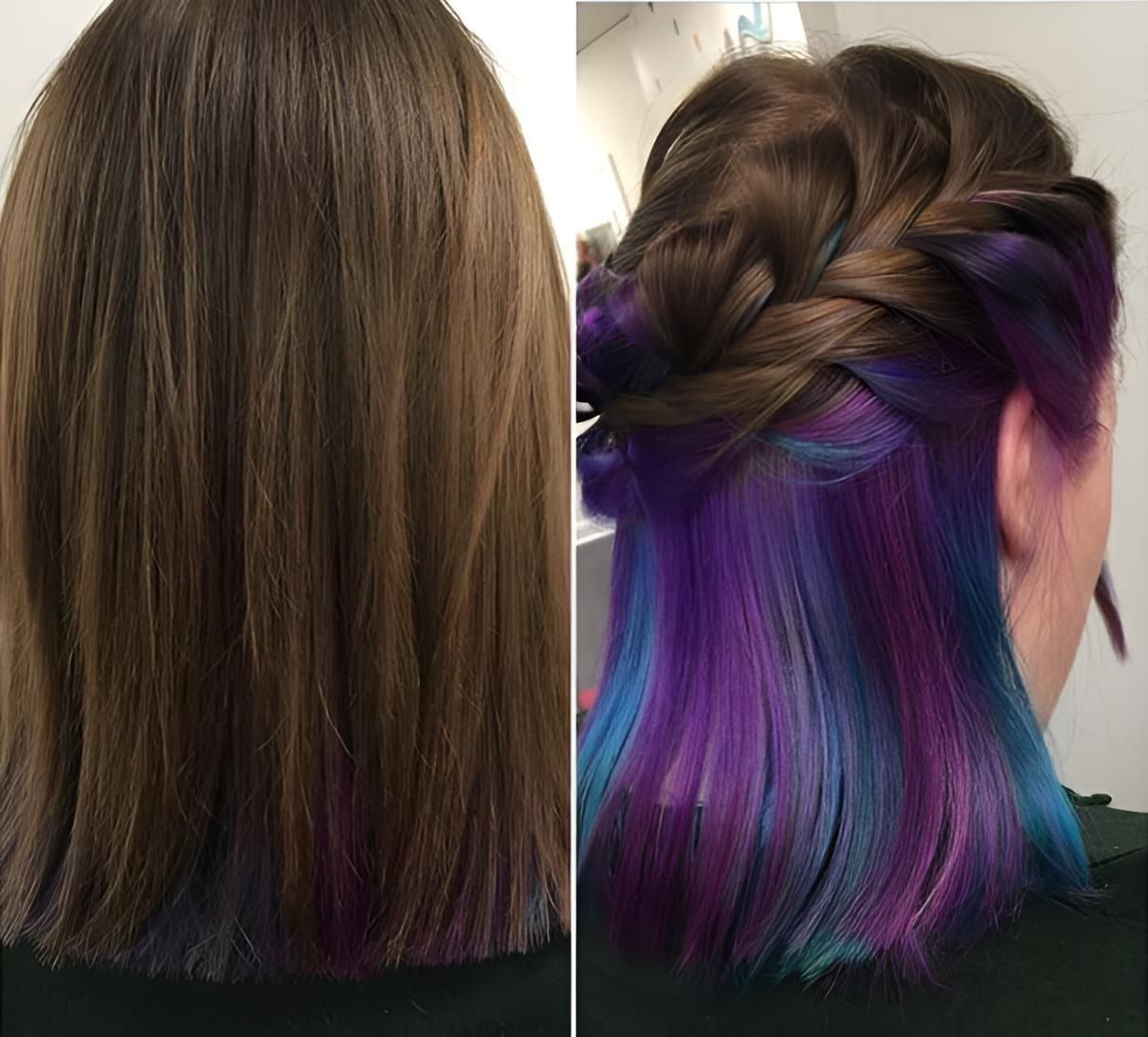 A Before and After Photo of a Woman 's Hair With Purple and Blue Highlights — Strut Hair & Beauty In Maroochydore, QLD