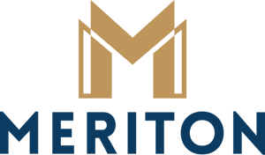 A logo for meriton with a gold m and blue letters