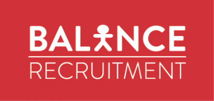 A red and white logo for balance recruitment