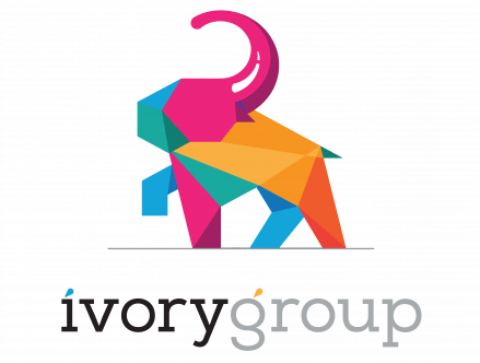A logo for ivory group with a colorful elephant