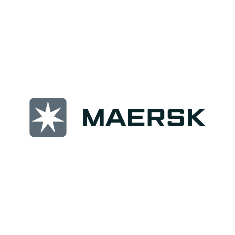 Um logotipo da Maersk com uma estrela em um quadrado sobre um fundo branco.