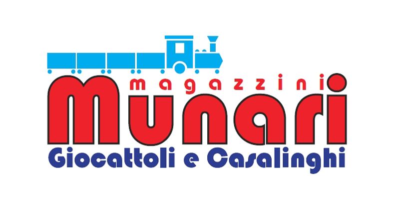 A red and blue logo for munari giocattoli e casalinghi