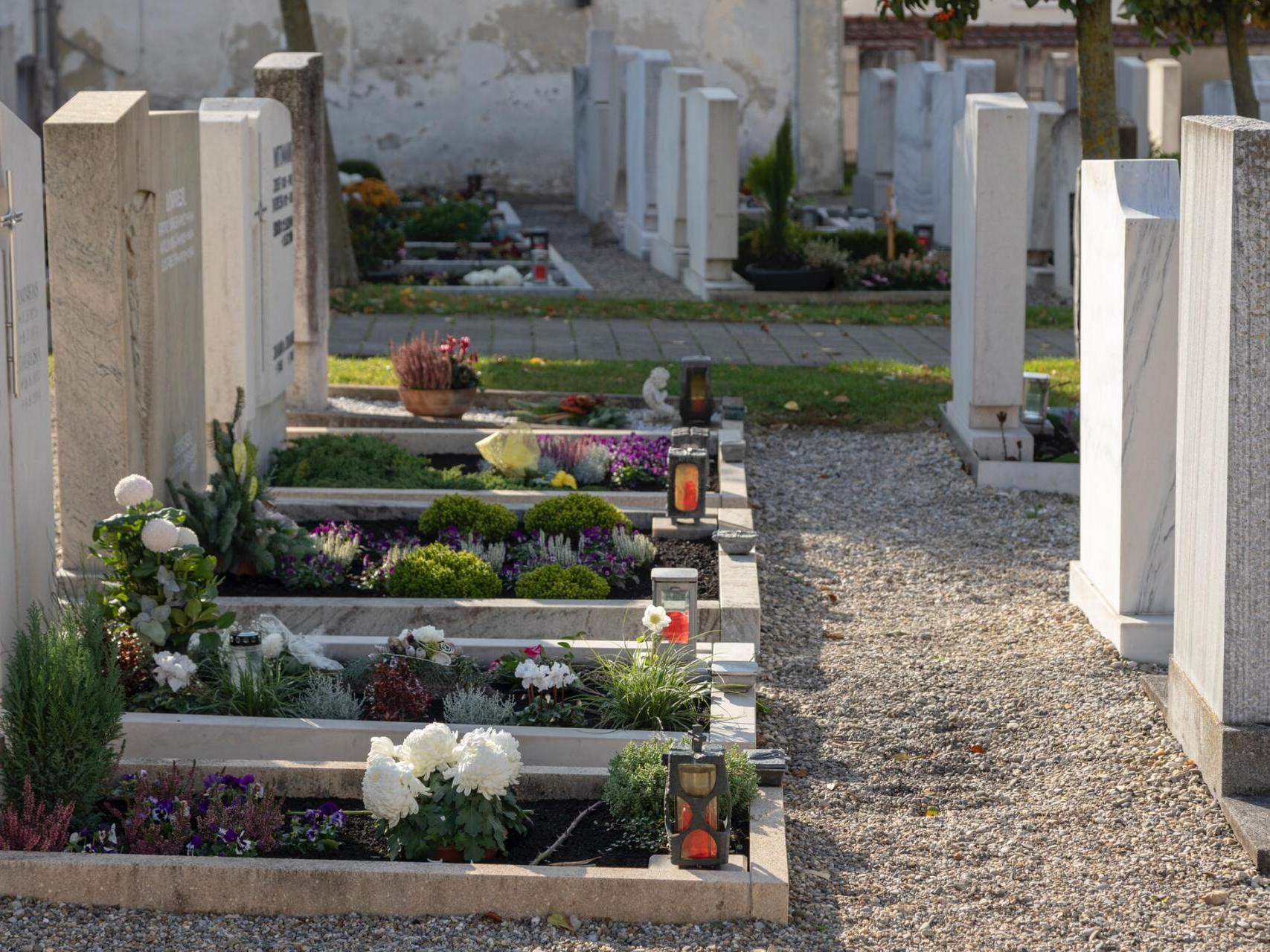 Un cimitero con molte tombe e fiori