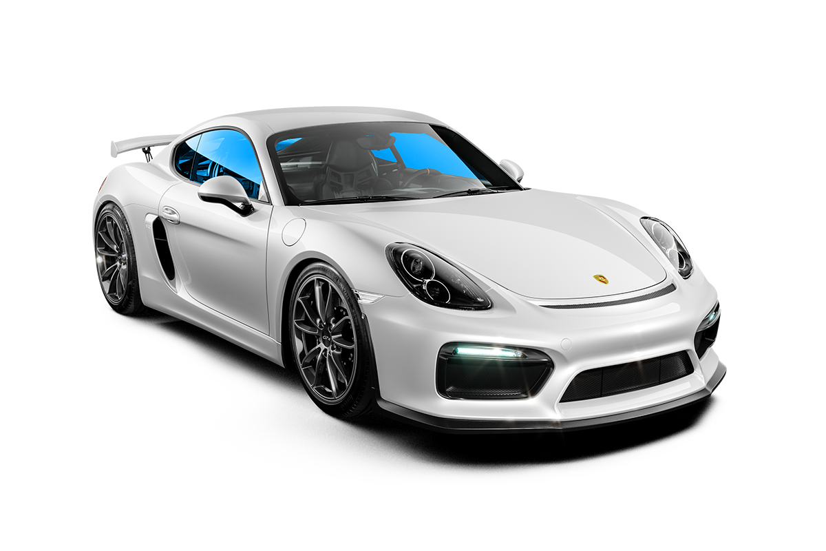 A white porsche 911 gt4 rs with blue windows on a white background.