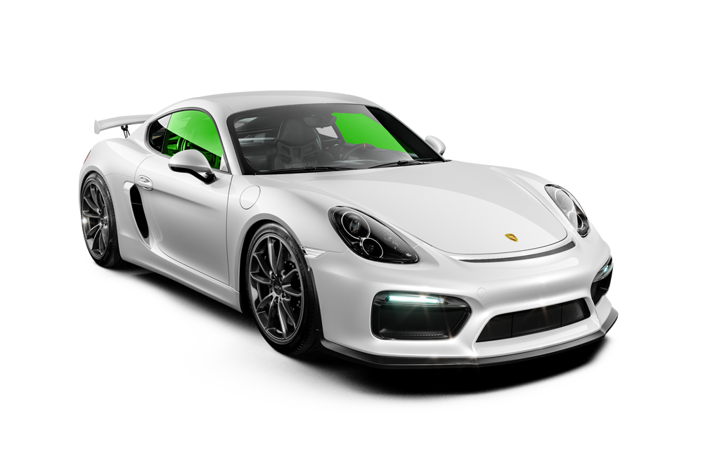 White Porsche sports car on a plain white background, angled front-left view with green-tinted windows