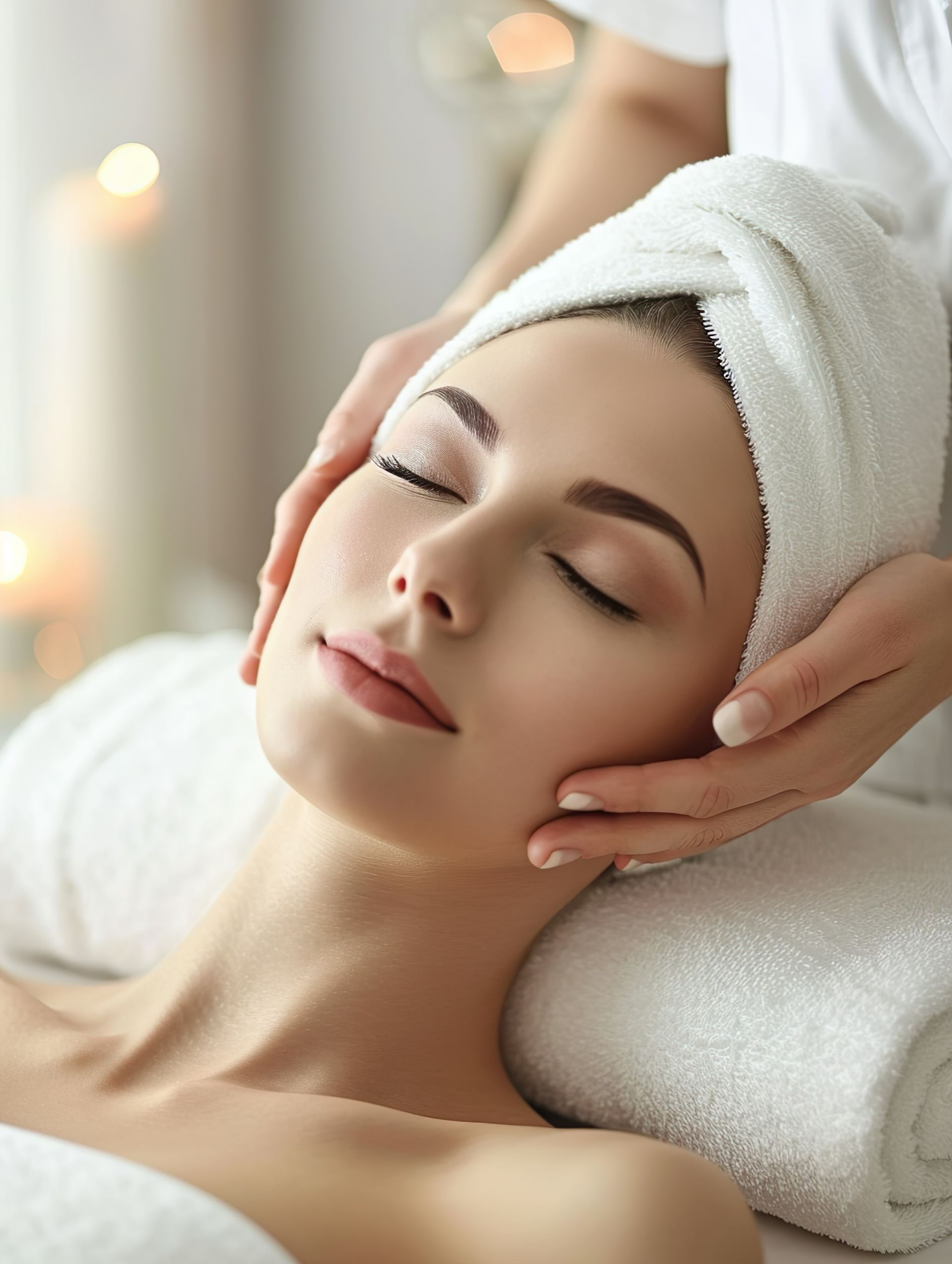 Eine Frau mit einem Handtuch um den Kopf lässt sich in einem Spa massieren.