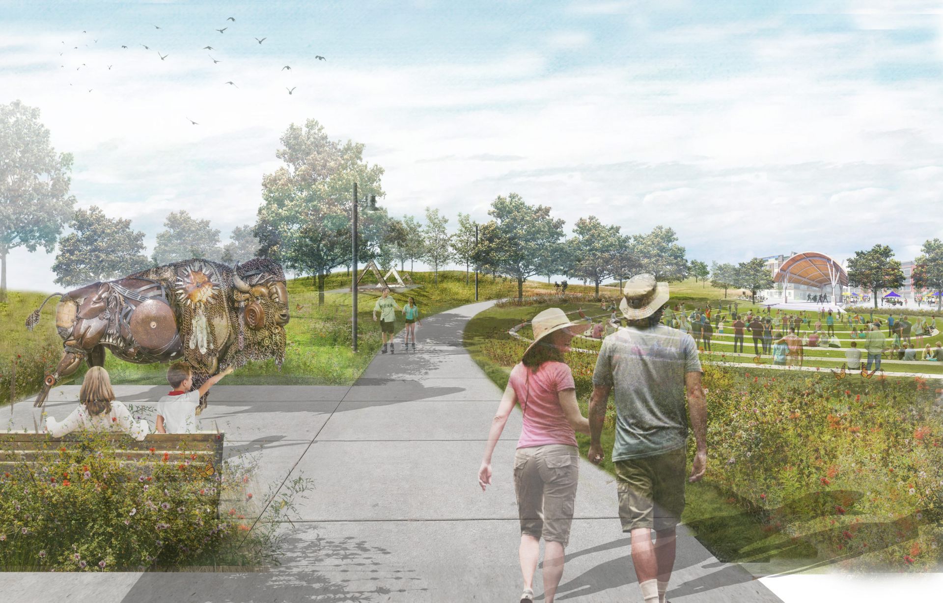 A digital rendering shows people walking along a paved park path past a large metal sculpture of a bison on a sunny day.