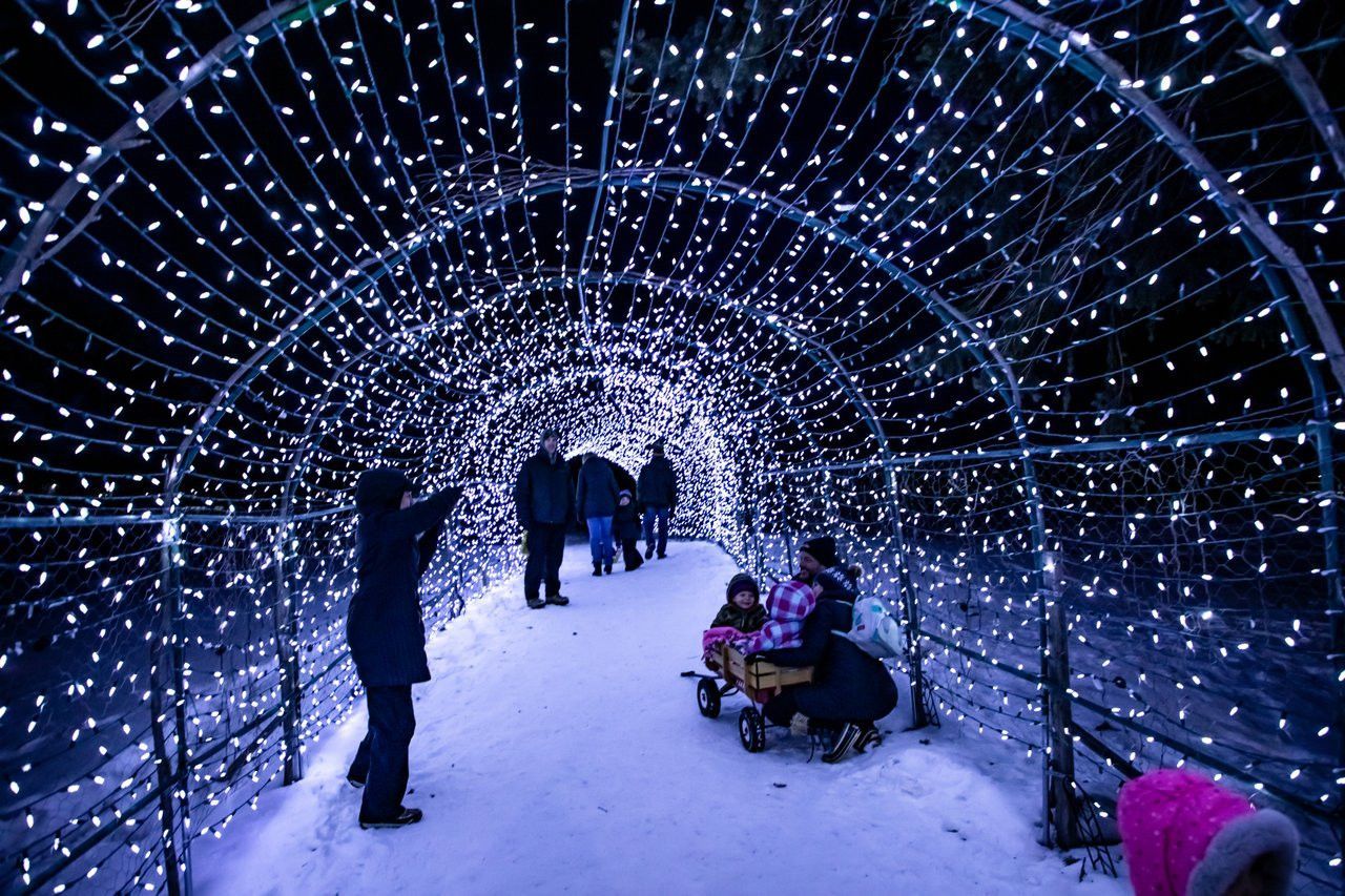 A snowy walkway covered by an arched tunnel of bright white fairy lights, with people walking through at night.