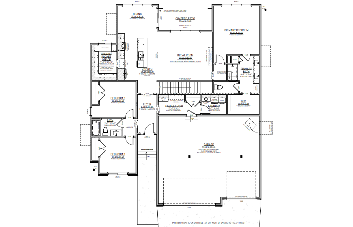 Floor plan of a house with labeled rooms, including a garage, bedrooms, and kitchen.