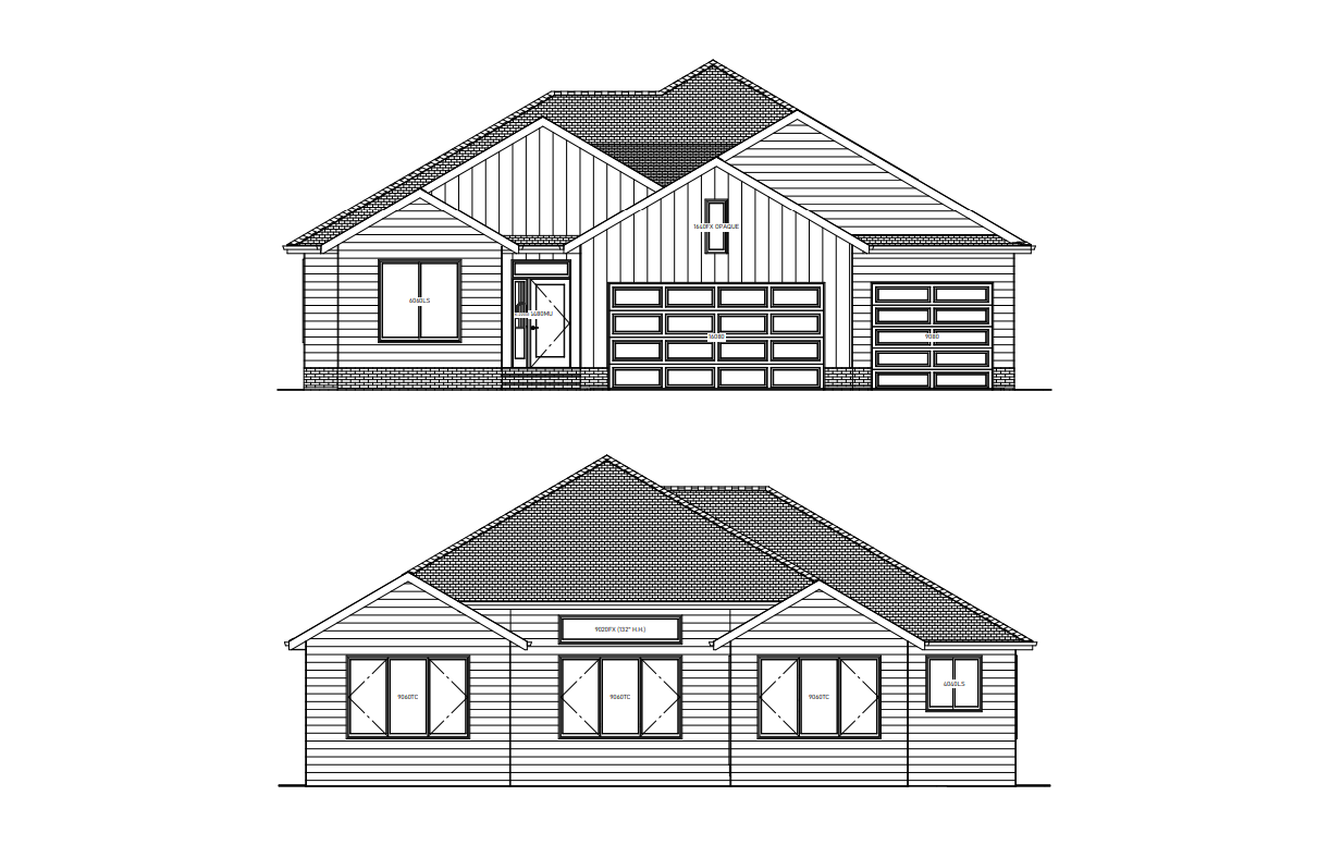 Two house elevation architectural drawings. One has a garage, the other does not.