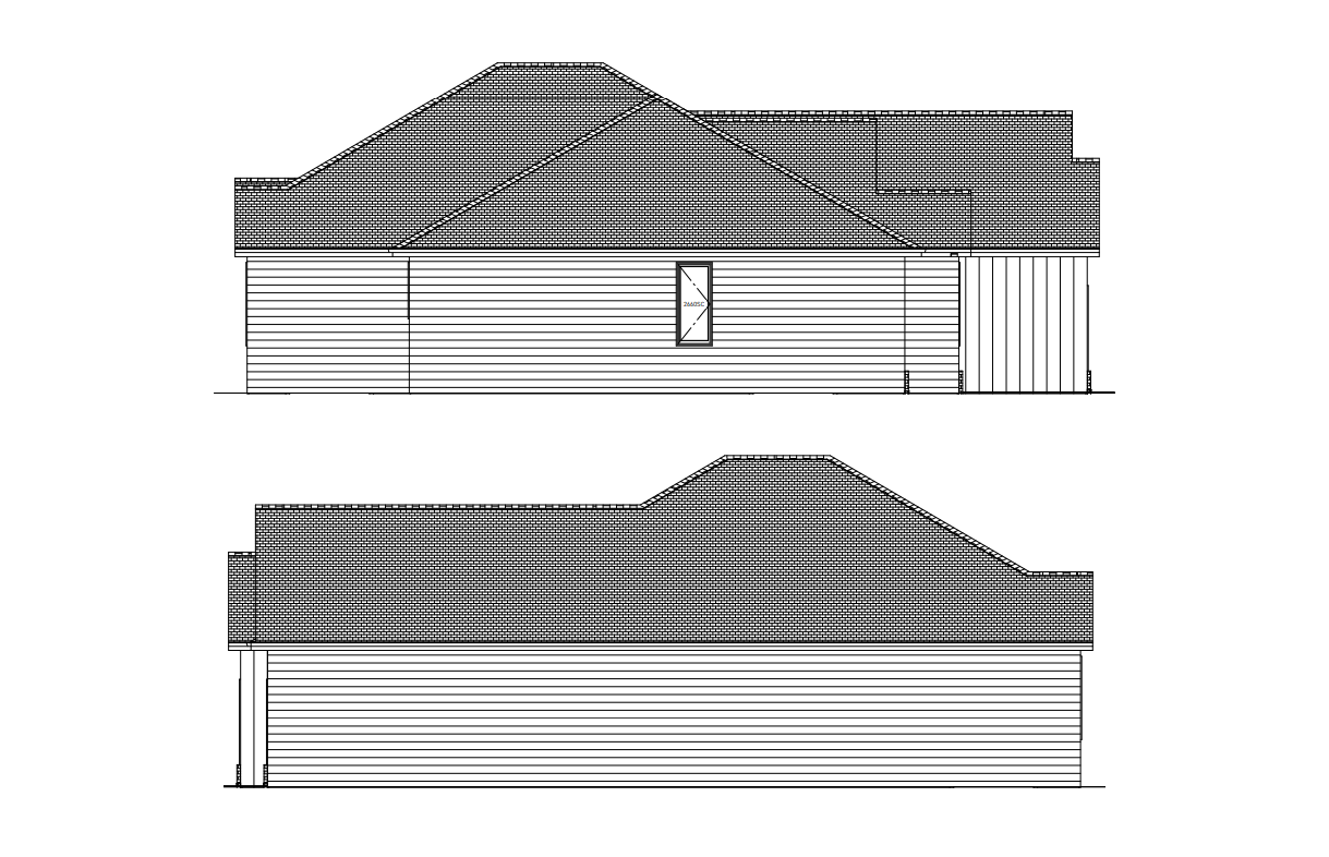 Two architectural drawings showing the side views of a building with a gabled roof and a window.