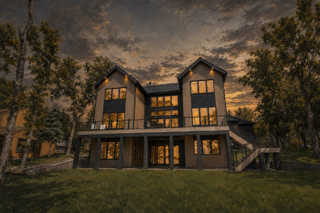 Modern two-story house with warm lights at dusk, surrounded by trees under a dramatic cloudy sky