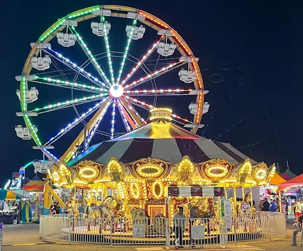 A brightly lit carousel in the foreground with a towering, multi-colored Ferris wheel illuminated at night in the background.