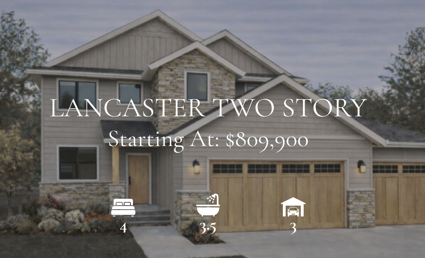 Two-story house with stone accents, labeled 