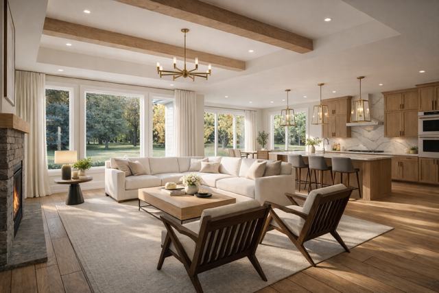 Spacious living area with fireplace, large windows, and open kitchen with wooden cabinets.