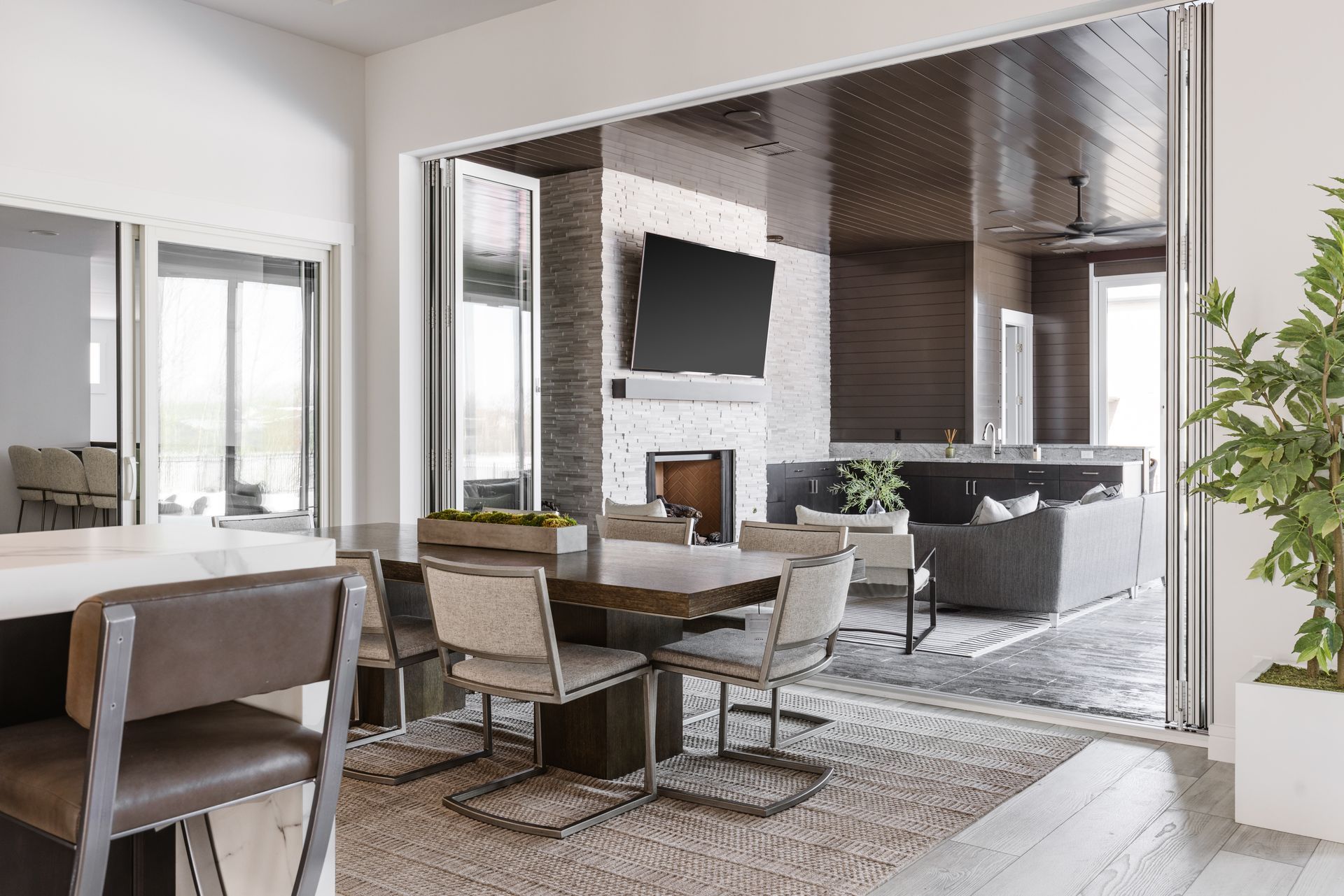Dining room with open folding doors to a living room, featuring a table with chairs, rug, fireplace, and green plant.